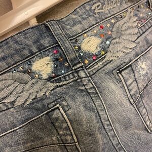 Rhinestone Wing-Embroidered Women's Jeans - Light Wash Blue